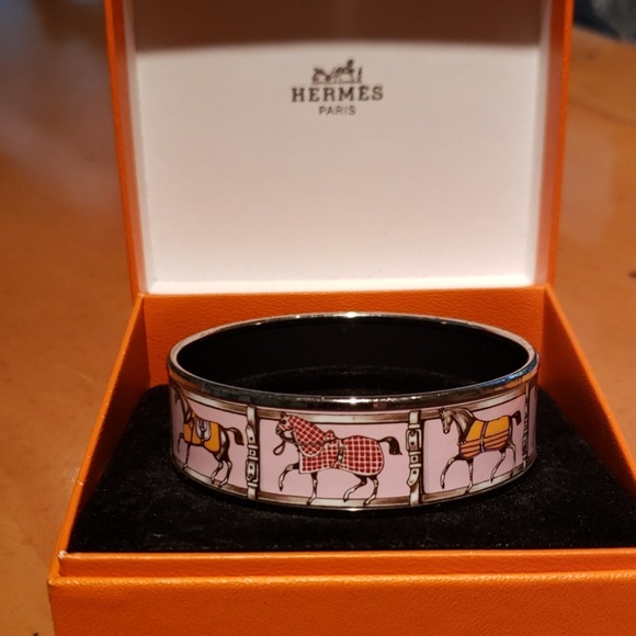 Hermes Jewelry - Hermes Pale Pink Equestrian Print Enamel Bangle